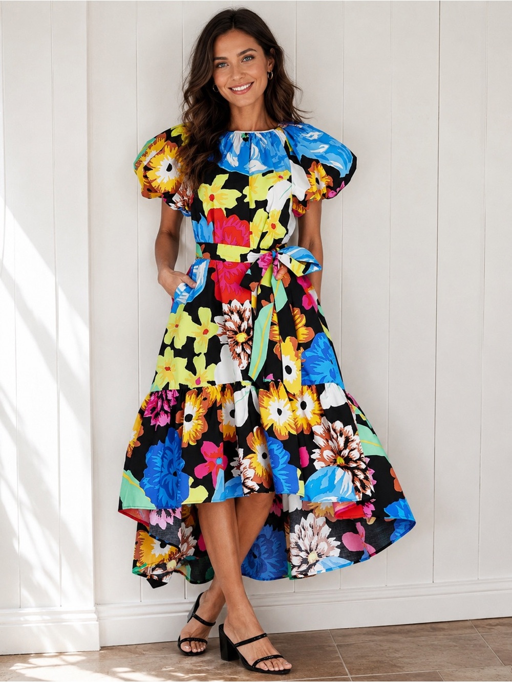 Christopher John Rogers Target Floral Puff Sleeve High Low Poplin Dress Size M
